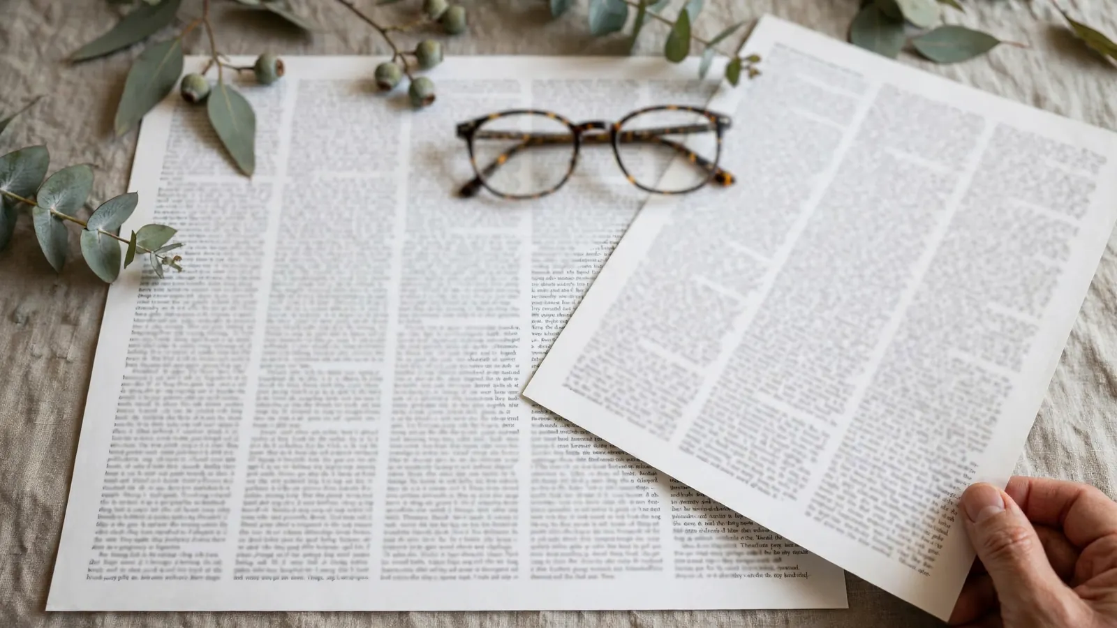 Two pages of dense small print with reading glasses on a table.