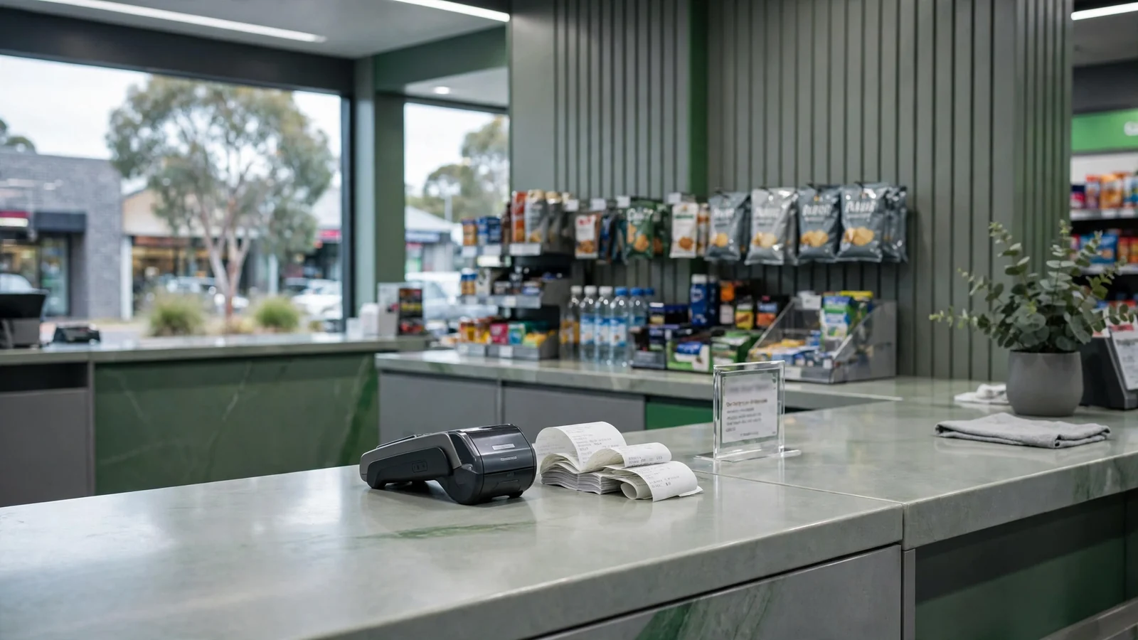 A clean retail cashier counter with a payment terminal and receipts.