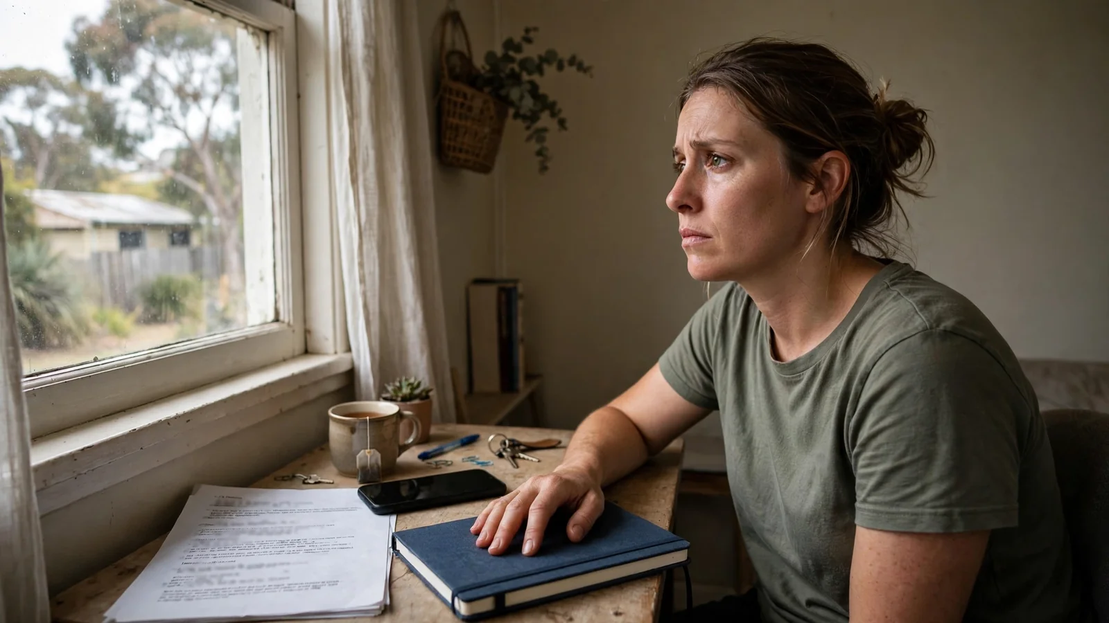 A person sitting at a home desk with a closed notebook and unread printout.